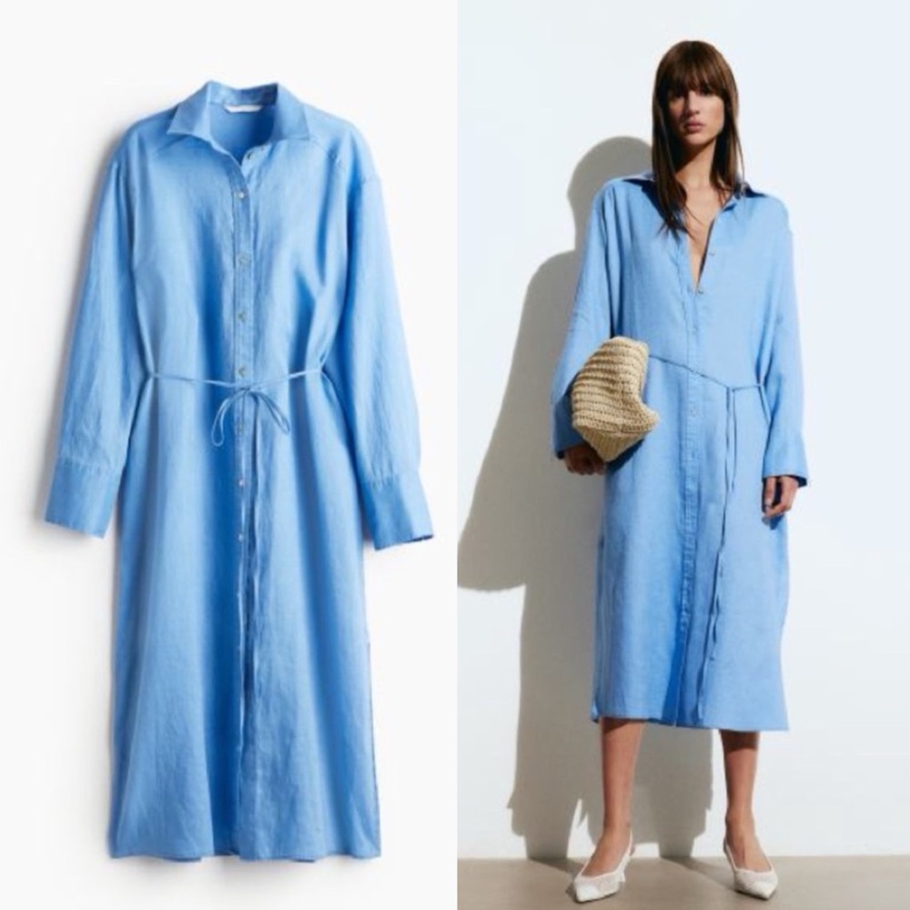 Blue Linen Blend Shirt Dress (S, M)